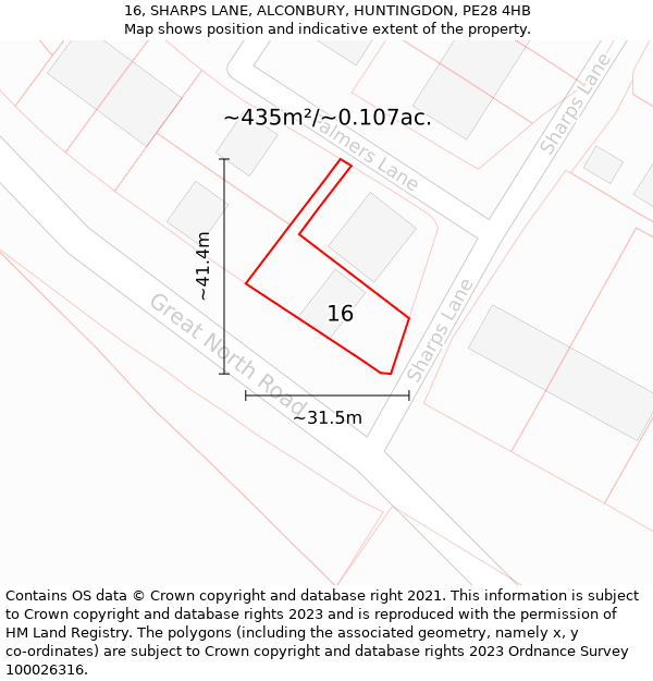 16, SHARPS LANE, ALCONBURY, HUNTINGDON, PE28 4HB: Plot and title map