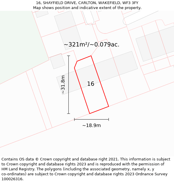 16, SHAYFIELD DRIVE, CARLTON, WAKEFIELD, WF3 3FY: Plot and title map