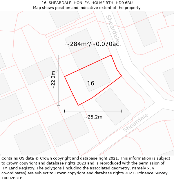 16, SHEARDALE, HONLEY, HOLMFIRTH, HD9 6RU: Plot and title map