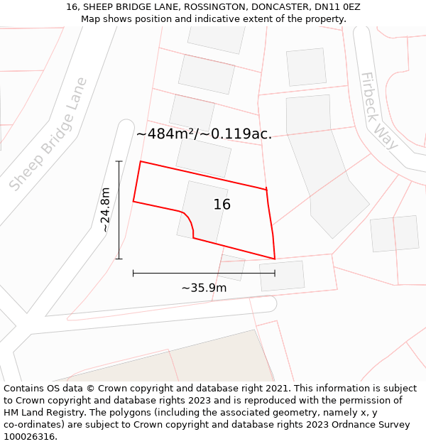 16, SHEEP BRIDGE LANE, ROSSINGTON, DONCASTER, DN11 0EZ: Plot and title map