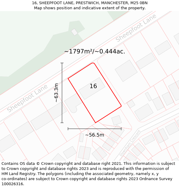 16, SHEEPFOOT LANE, PRESTWICH, MANCHESTER, M25 0BN: Plot and title map