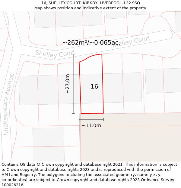 16, SHELLEY COURT, KIRKBY, LIVERPOOL, L32 9SQ: Plot and title map