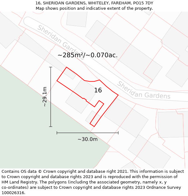 16, SHERIDAN GARDENS, WHITELEY, FAREHAM, PO15 7DY: Plot and title map