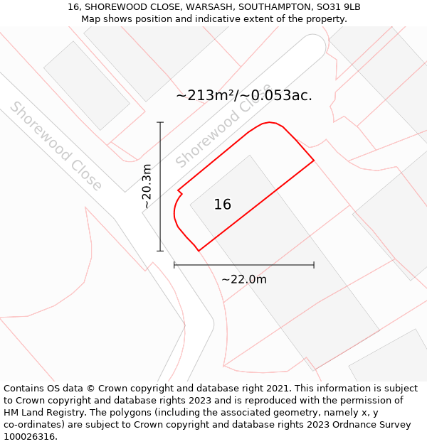 16, SHOREWOOD CLOSE, WARSASH, SOUTHAMPTON, SO31 9LB: Plot and title map