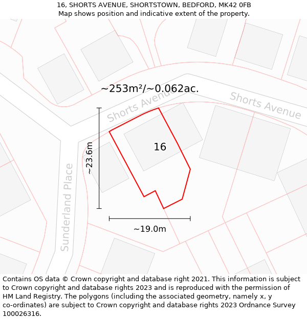 16, SHORTS AVENUE, SHORTSTOWN, BEDFORD, MK42 0FB: Plot and title map