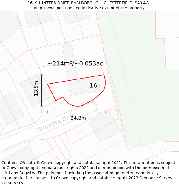 16, SHUNTERS DRIFT, BARLBOROUGH, CHESTERFIELD, S43 4WL: Plot and title map