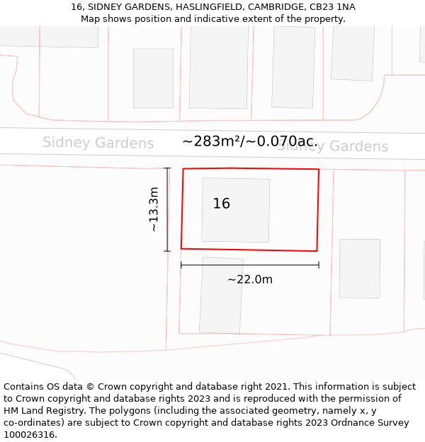 16, SIDNEY GARDENS, HASLINGFIELD, CAMBRIDGE, CB23 1NA: Plot and title map