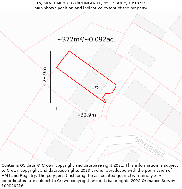 16, SILVERMEAD, WORMINGHALL, AYLESBURY, HP18 9JS: Plot and title map