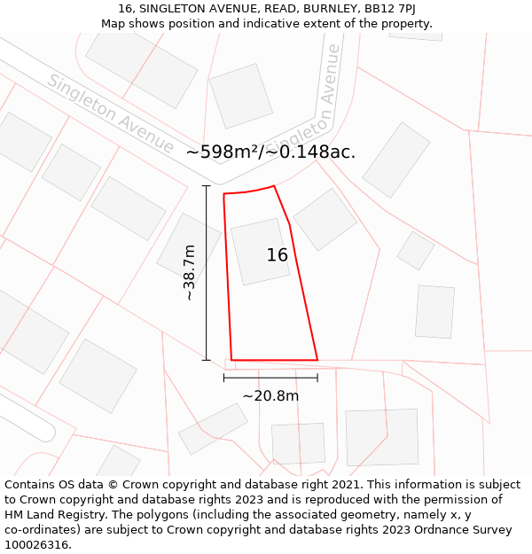 16, SINGLETON AVENUE, READ, BURNLEY, BB12 7PJ: Plot and title map