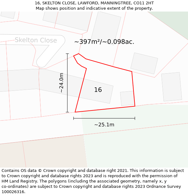 16, SKELTON CLOSE, LAWFORD, MANNINGTREE, CO11 2HT: Plot and title map