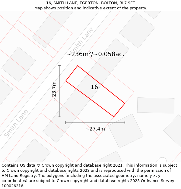 16, SMITH LANE, EGERTON, BOLTON, BL7 9ET: Plot and title map