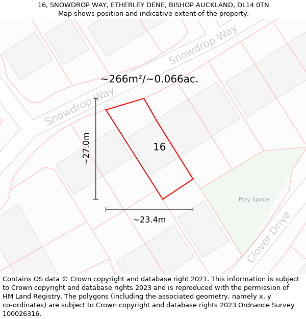 16, SNOWDROP WAY, ETHERLEY DENE, BISHOP AUCKLAND, DL14 0TN: Plot and title map