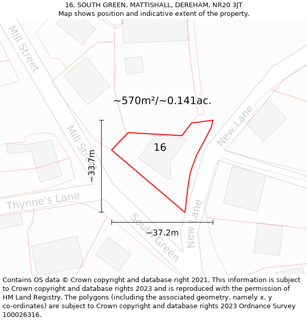 16, SOUTH GREEN, MATTISHALL, DEREHAM, NR20 3JT: Plot and title map