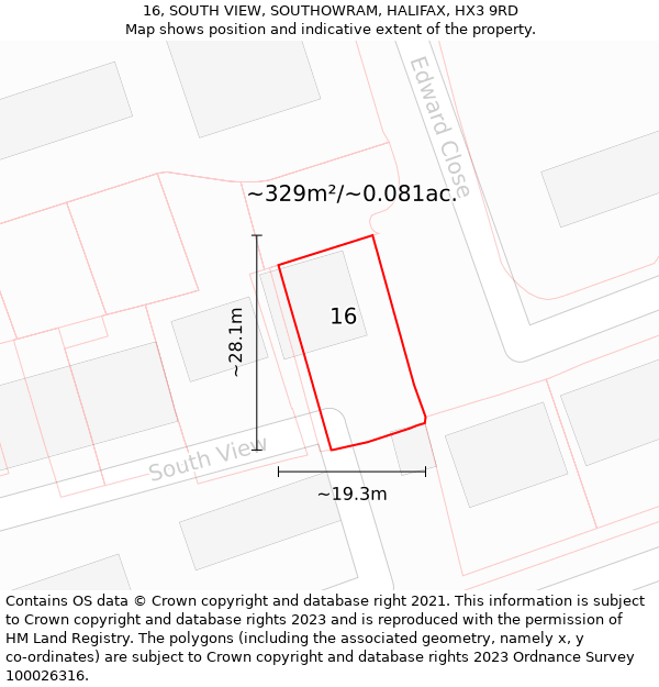 16, SOUTH VIEW, SOUTHOWRAM, HALIFAX, HX3 9RD: Plot and title map