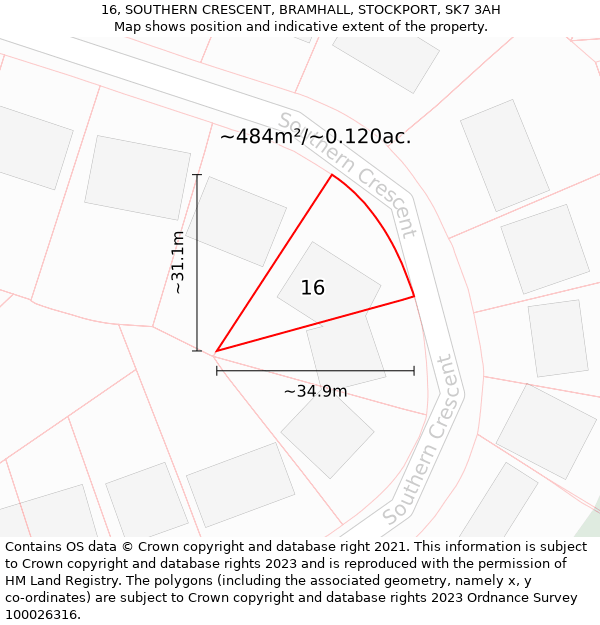 16, SOUTHERN CRESCENT, BRAMHALL, STOCKPORT, SK7 3AH: Plot and title map