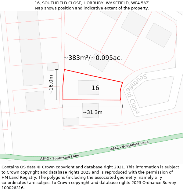 16, SOUTHFIELD CLOSE, HORBURY, WAKEFIELD, WF4 5AZ: Plot and title map