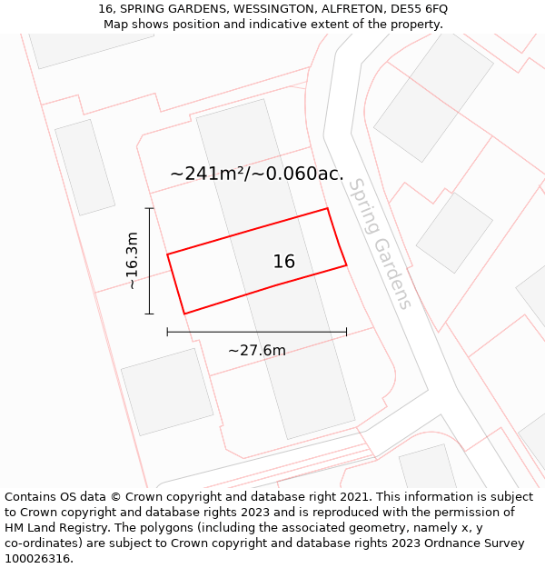 16, SPRING GARDENS, WESSINGTON, ALFRETON, DE55 6FQ: Plot and title map