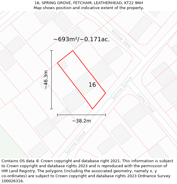 16, SPRING GROVE, FETCHAM, LEATHERHEAD, KT22 9NH: Plot and title map