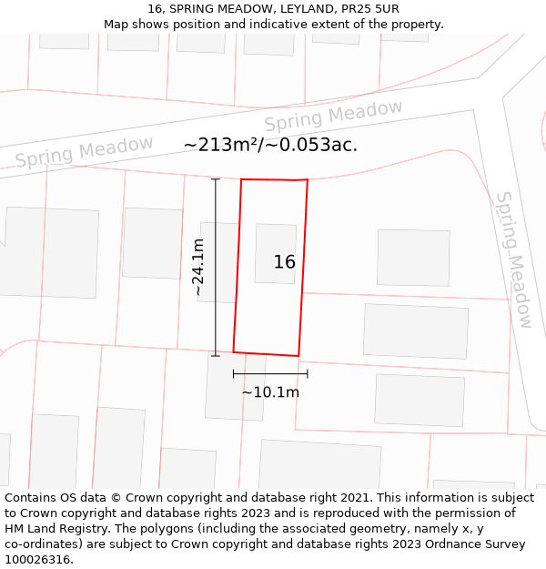 16, SPRING MEADOW, LEYLAND, PR25 5UR: Plot and title map