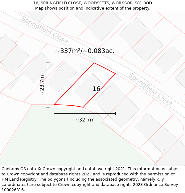 16, SPRINGFIELD CLOSE, WOODSETTS, WORKSOP, S81 8QD: Plot and title map