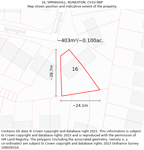 16, SPRINGHILL, NUNEATON, CV10 0NP: Plot and title map