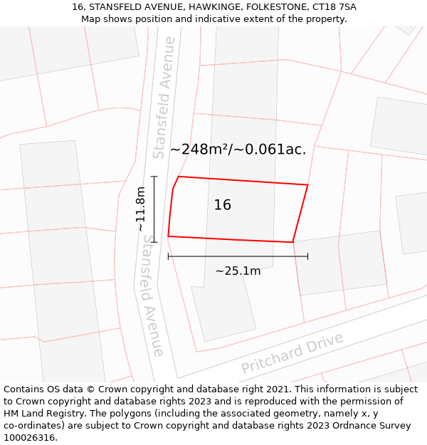 16, STANSFELD AVENUE, HAWKINGE, FOLKESTONE, CT18 7SA: Plot and title map