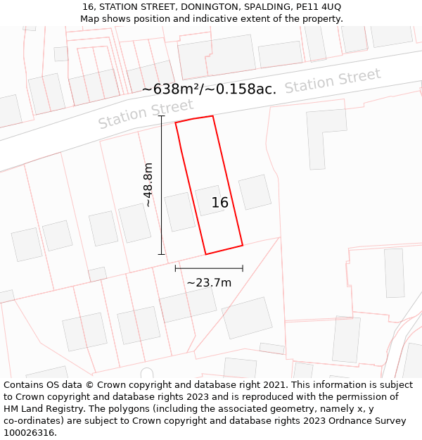 16, STATION STREET, DONINGTON, SPALDING, PE11 4UQ: Plot and title map