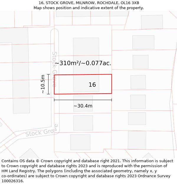 16, STOCK GROVE, MILNROW, ROCHDALE, OL16 3XB: Plot and title map