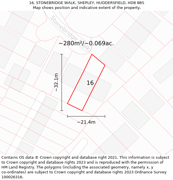 16, STONEBRIDGE WALK, SHEPLEY, HUDDERSFIELD, HD8 8BS: Plot and title map