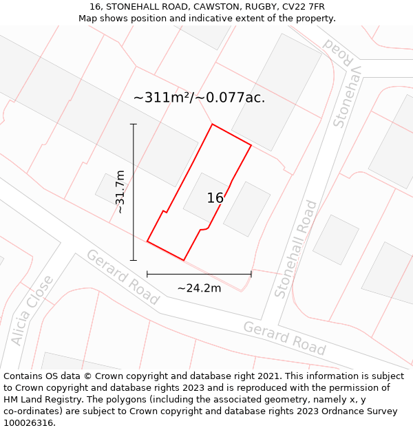 16, STONEHALL ROAD, CAWSTON, RUGBY, CV22 7FR: Plot and title map