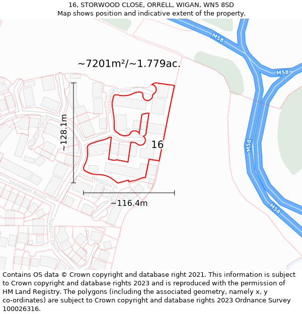 16, STORWOOD CLOSE, ORRELL, WIGAN, WN5 8SD: Plot and title map