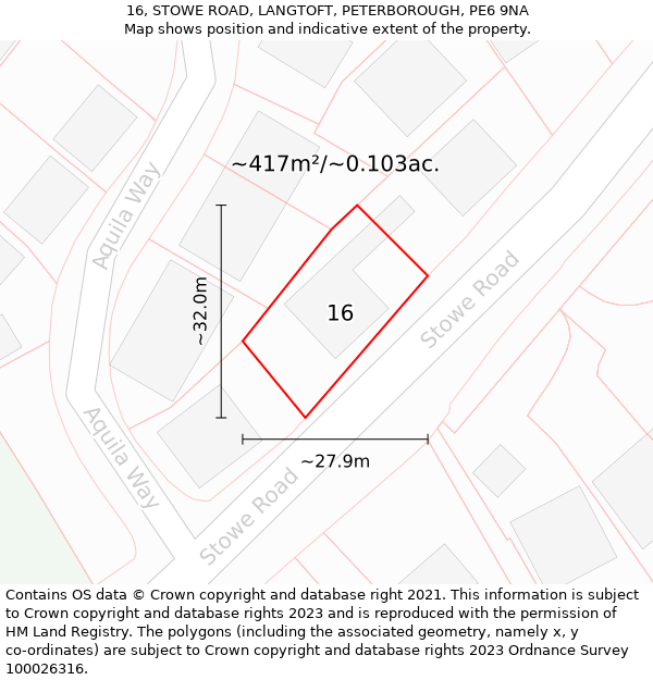 16, STOWE ROAD, LANGTOFT, PETERBOROUGH, PE6 9NA: Plot and title map