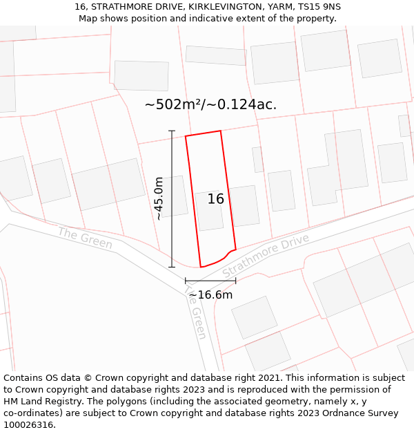 16, STRATHMORE DRIVE, KIRKLEVINGTON, YARM, TS15 9NS: Plot and title map