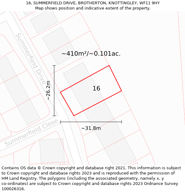 16, SUMMERFIELD DRIVE, BROTHERTON, KNOTTINGLEY, WF11 9HY: Plot and title map