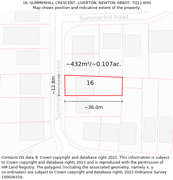 16, SUMMERHILL CRESCENT, LIVERTON, NEWTON ABBOT, TQ12 6HG: Plot and title map