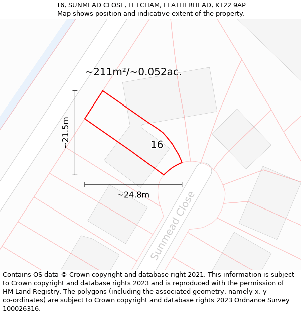 16, SUNMEAD CLOSE, FETCHAM, LEATHERHEAD, KT22 9AP: Plot and title map