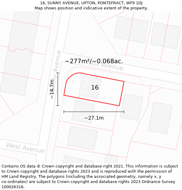 16, SUNNY AVENUE, UPTON, PONTEFRACT, WF9 1DJ: Plot and title map