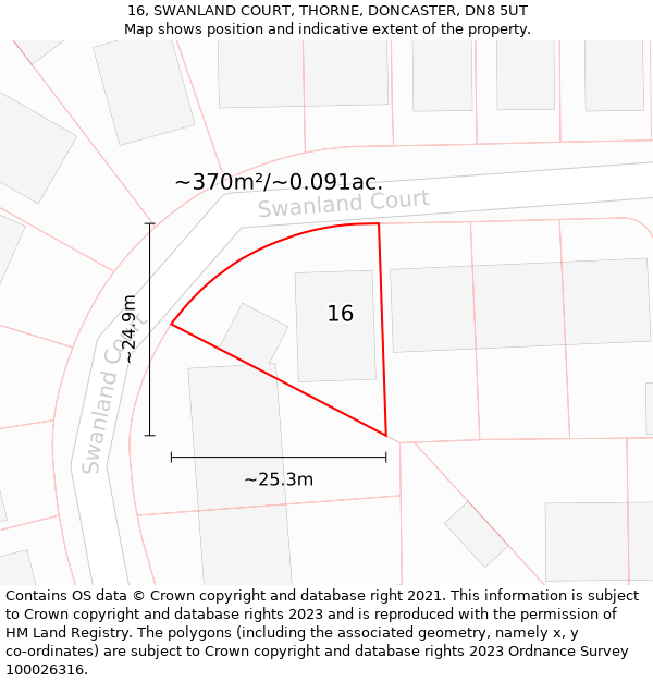 16, SWANLAND COURT, THORNE, DONCASTER, DN8 5UT: Plot and title map