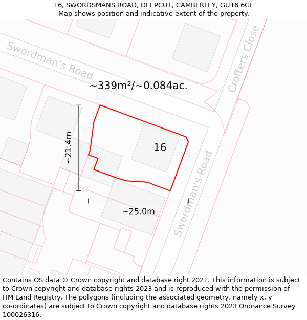 16, SWORDSMANS ROAD, DEEPCUT, CAMBERLEY, GU16 6GE: Plot and title map