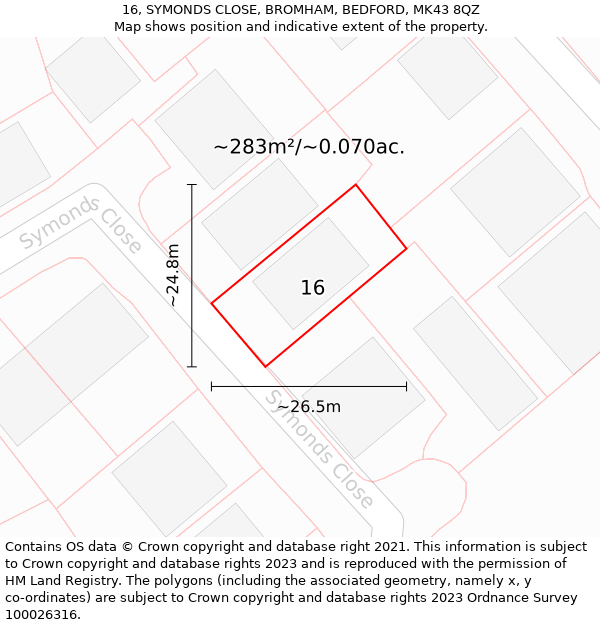 16, SYMONDS CLOSE, BROMHAM, BEDFORD, MK43 8QZ: Plot and title map