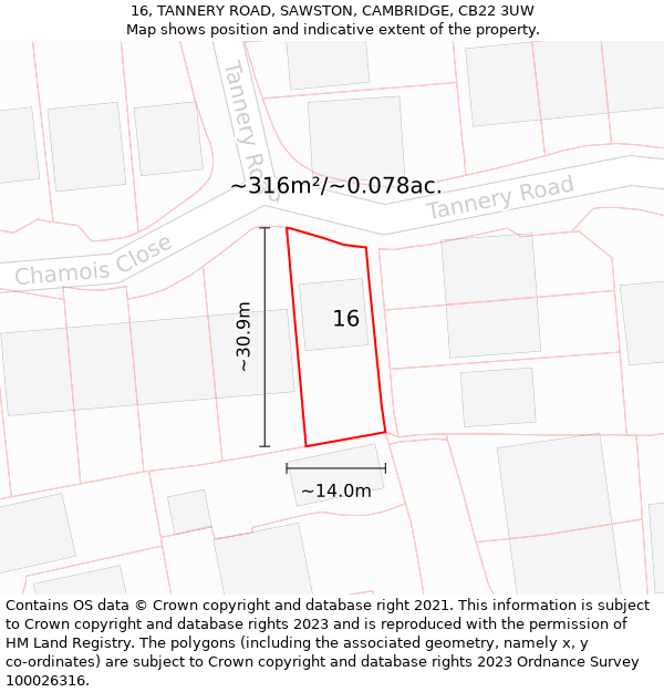 16, TANNERY ROAD, SAWSTON, CAMBRIDGE, CB22 3UW: Plot and title map