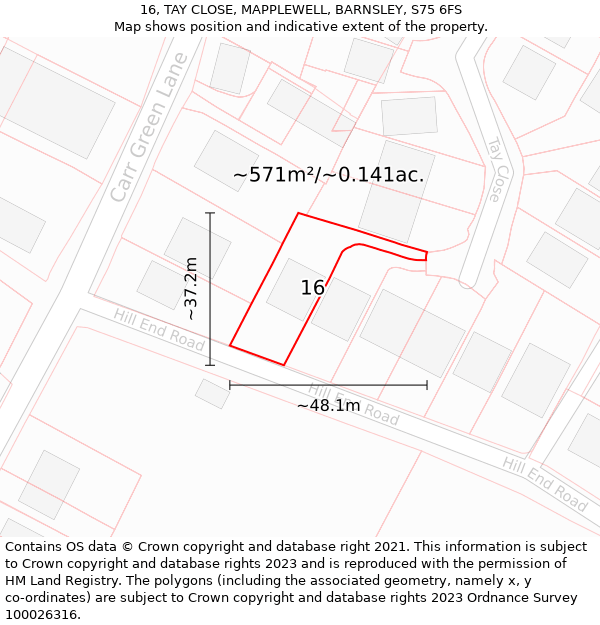 16, TAY CLOSE, MAPPLEWELL, BARNSLEY, S75 6FS: Plot and title map