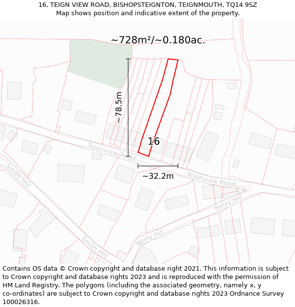 16, TEIGN VIEW ROAD, BISHOPSTEIGNTON, TEIGNMOUTH, TQ14 9SZ: Plot and title map