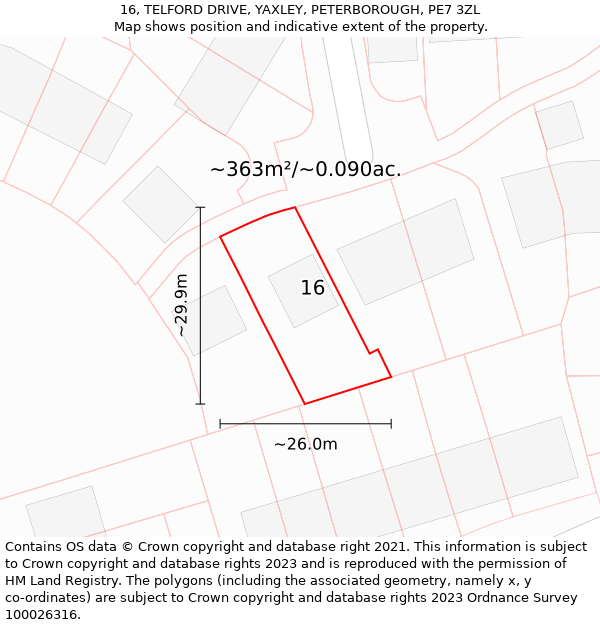 16, TELFORD DRIVE, YAXLEY, PETERBOROUGH, PE7 3ZL: Plot and title map