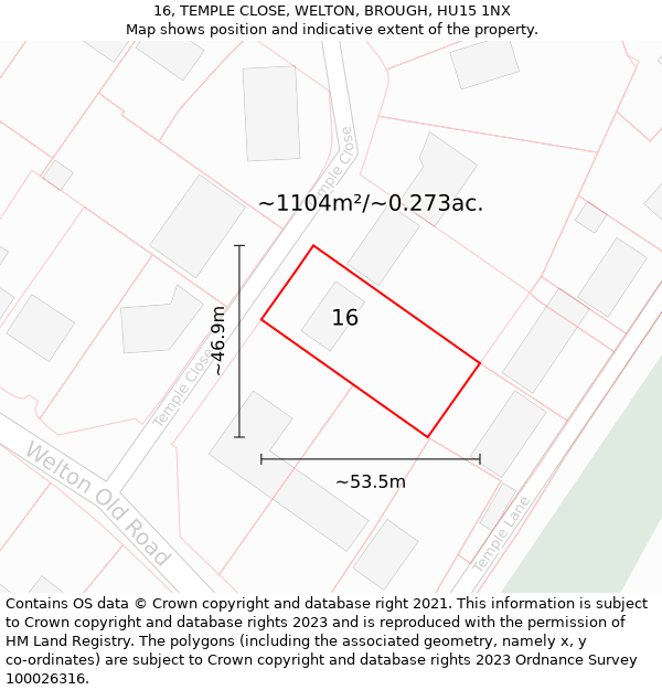 16, TEMPLE CLOSE, WELTON, BROUGH, HU15 1NX: Plot and title map