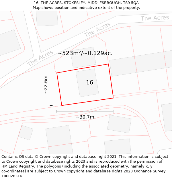 16, THE ACRES, STOKESLEY, MIDDLESBROUGH, TS9 5QA: Plot and title map