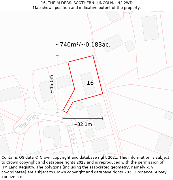 16, THE ALDERS, SCOTHERN, LINCOLN, LN2 2WD: Plot and title map