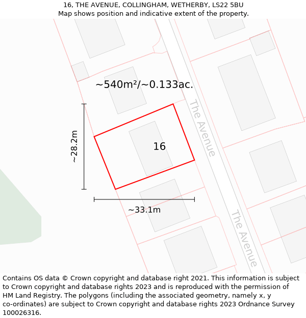 16, THE AVENUE, COLLINGHAM, WETHERBY, LS22 5BU: Plot and title map