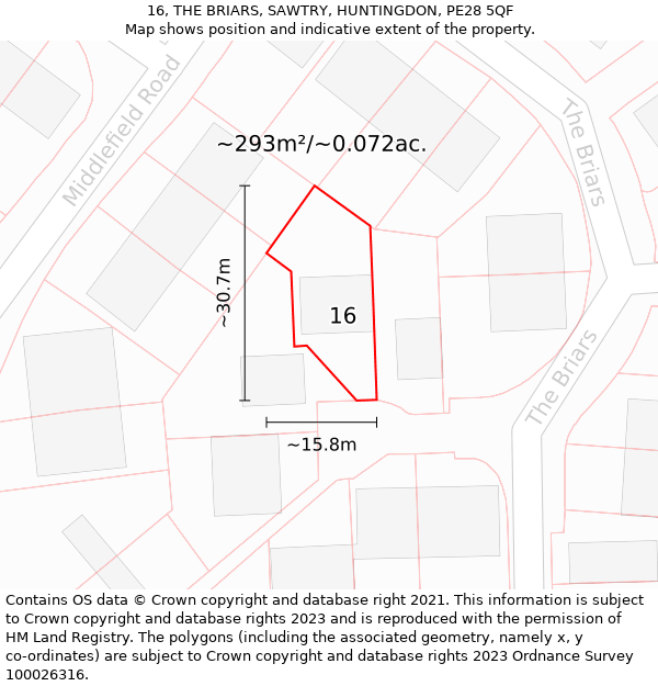 16, THE BRIARS, SAWTRY, HUNTINGDON, PE28 5QF: Plot and title map