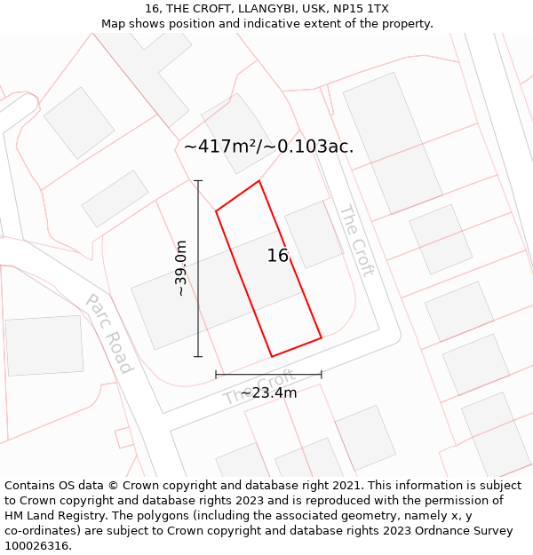 16, THE CROFT, LLANGYBI, USK, NP15 1TX: Plot and title map